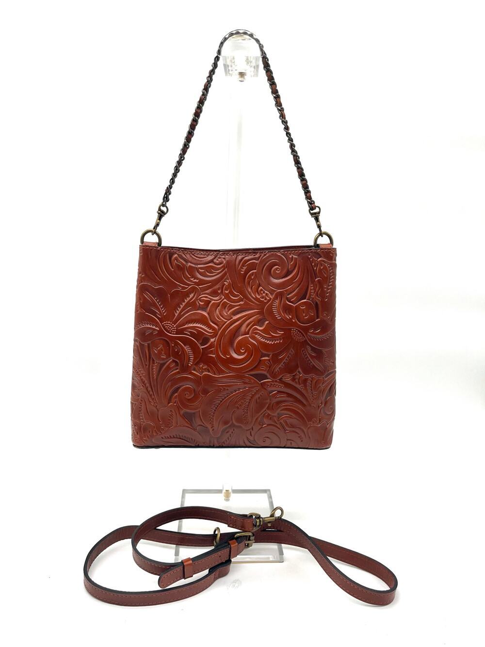 PATRICIA NASH Tooled Brown Leather Bucket Bag, $220 RETAIL